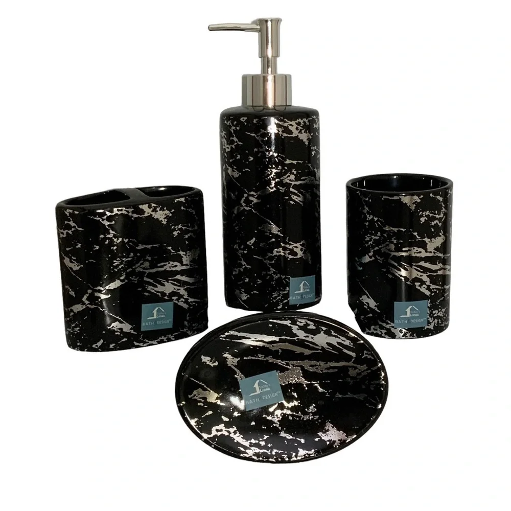 Today’s Living Black Marble Metallic Bath Accessory Set Ceramic 4 Piece Set